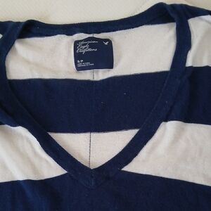 American Eagle Outfitters Navy and White Striped V-Neck Top